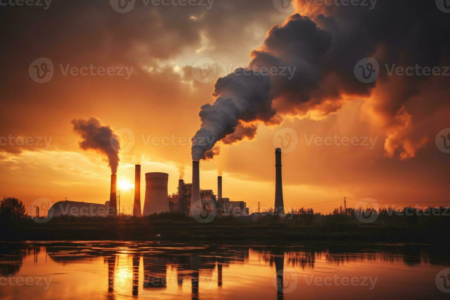 industrial fábrica alta chaminés liberado esfumaçado emissões a partir de fumaça tubos. co2 estufa gás, deteriorando ar qualidade, ar poluição, e clima mudar. carbono dióxido gás. generativo ai. foto