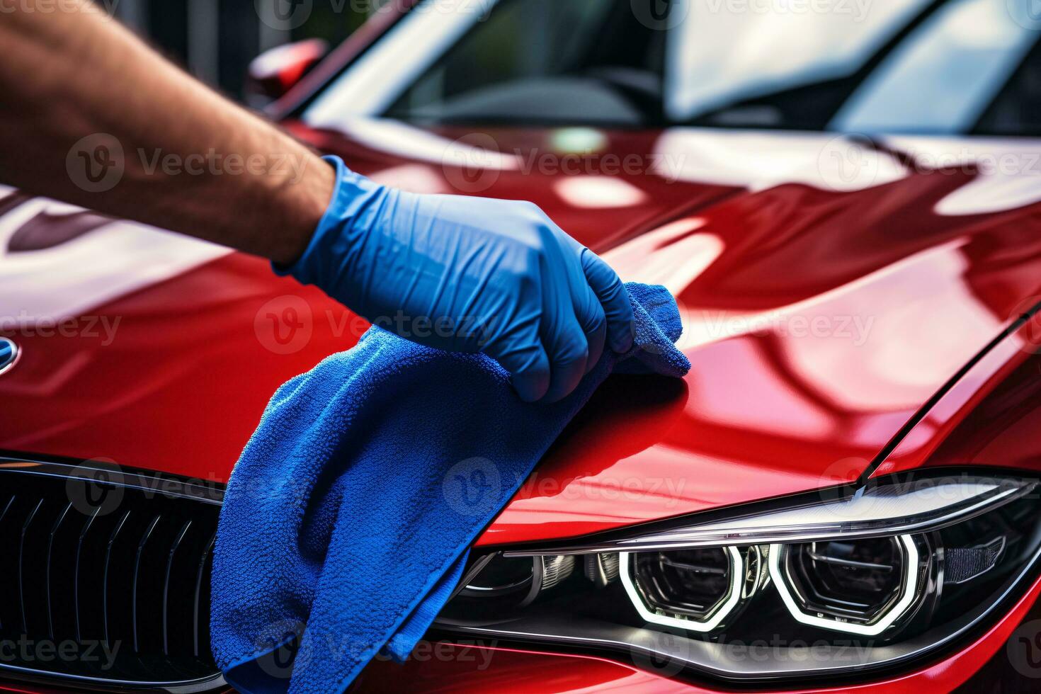 homem limpeza e detalhamento luxo carro com microfibra pano. carro lavar serviço. homem mão segurando azul microfibra pano polonês vermelho carro depois de limpeza. auto Cuidado serviço o negócio conceito. generativo ai. foto