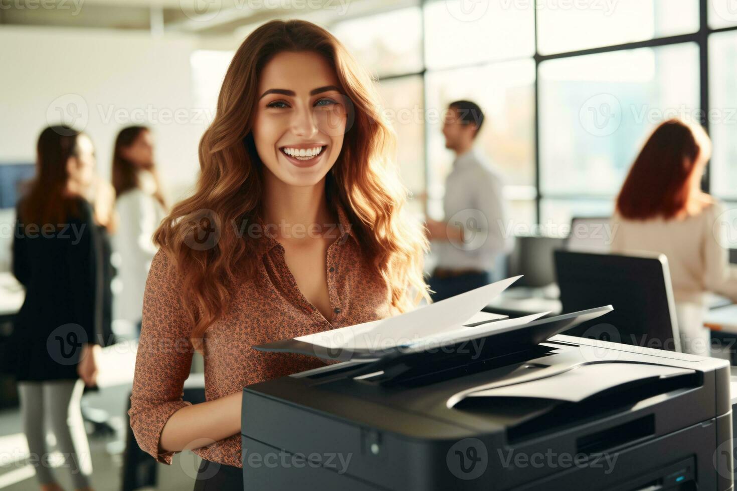 escritório trabalhador impressões papel em multifuncional laser impressora. documento e papelada conceito. secretário trabalhar. sorridente mulher trabalhando dentro o negócio escritório. cópia de, imprimir, Varredura, e fax máquina. generativo ai. foto