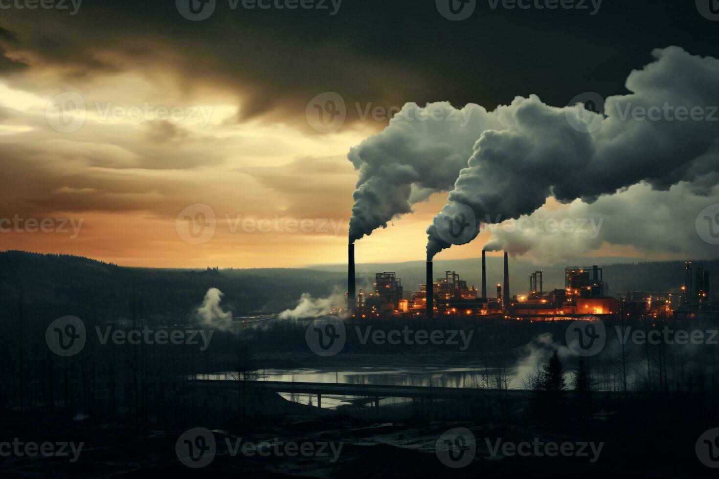 industrial fábrica alta chaminés liberado esfumaçado emissões a partir de fumaça tubos. co2 estufa gás, deteriorando ar qualidade, ar poluição, e clima mudar. carbono dióxido gás. generativo ai. foto