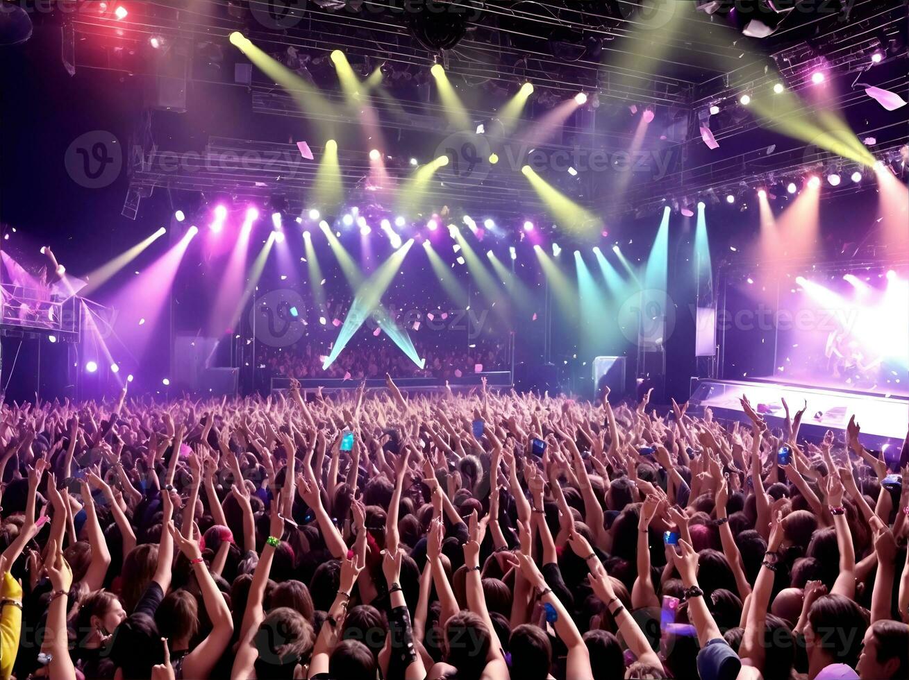 multidão às uma show com mãos acima. cena etapa luzes, Rocha festival. foto