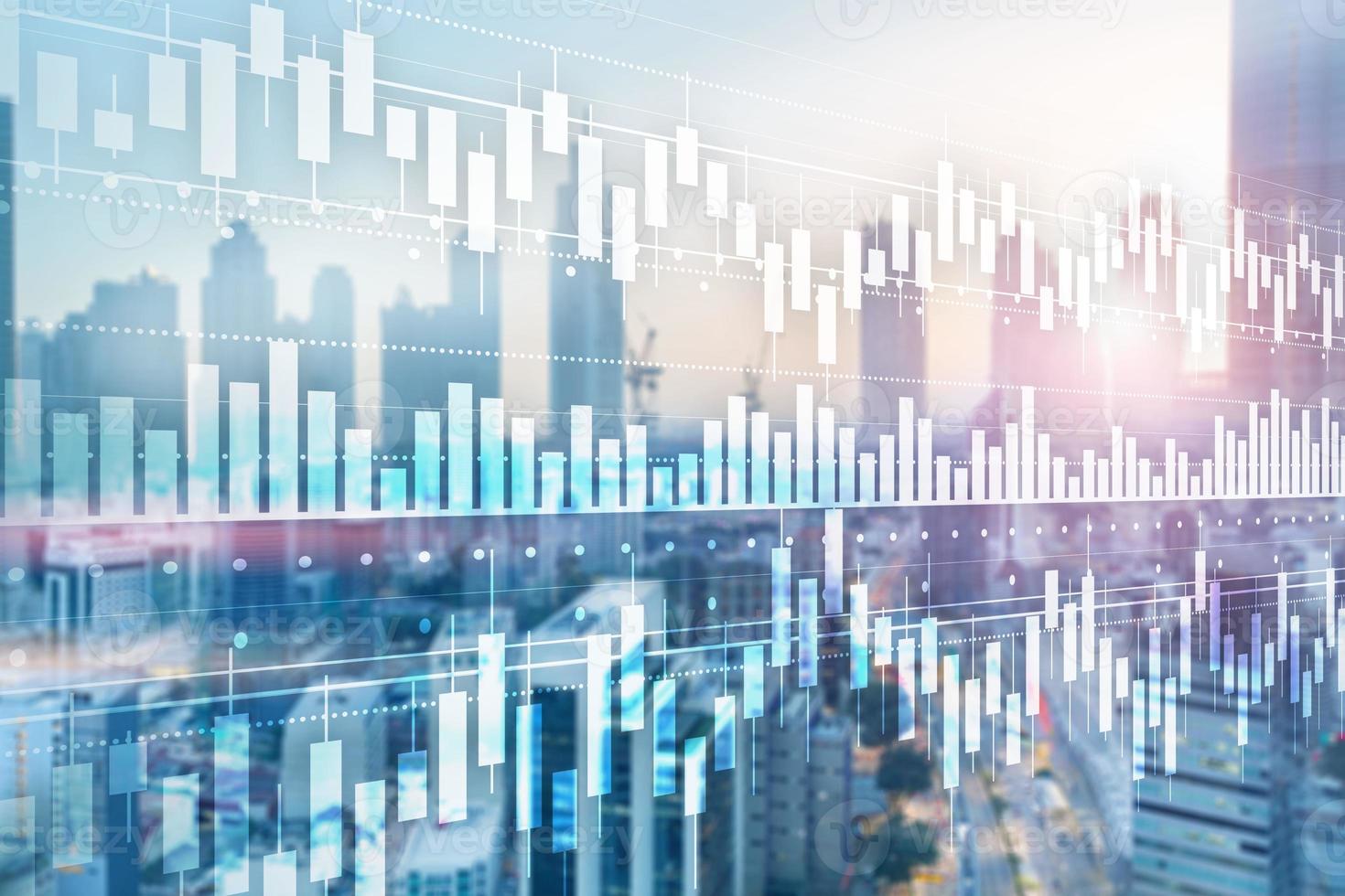 conceito de negócio com vela stick gráfico gráfico de negociação de investimento no mercado de ações e desfocar o fundo do escritório. foto