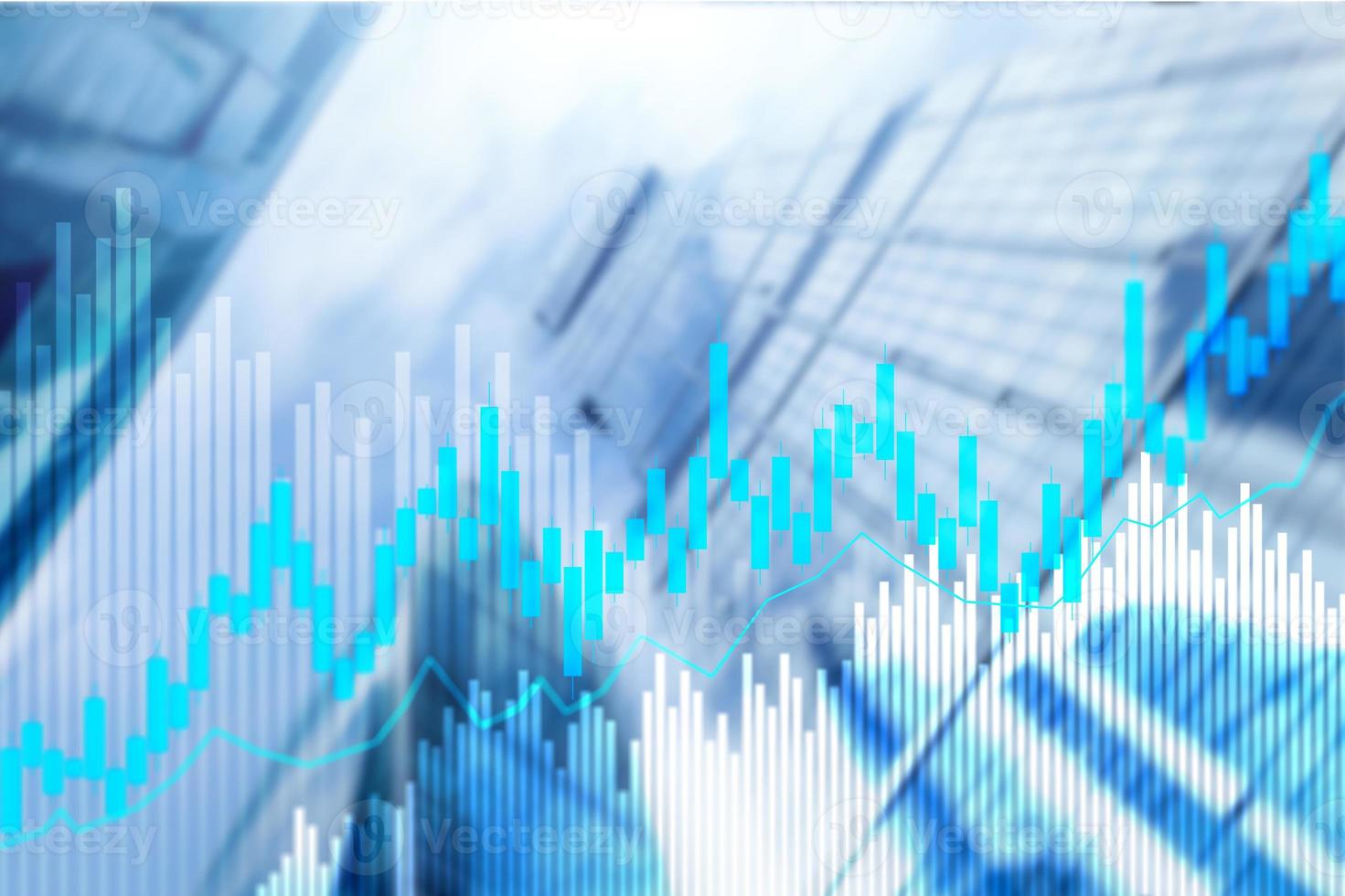 gráfico de castiçal de negociação de ações e diagramas no fundo desfocado do centro do escritório. foto