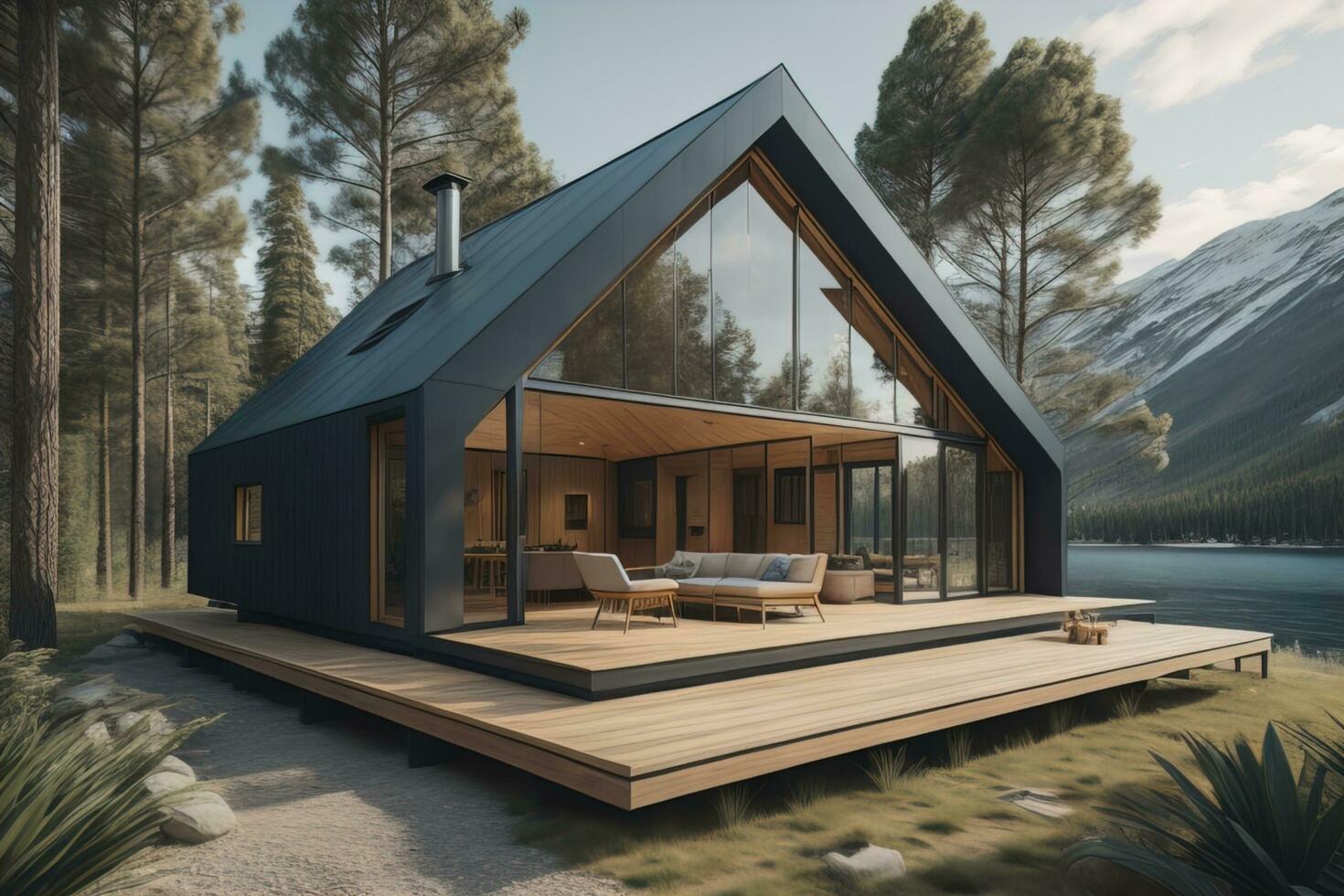 moderno acolhedor chalé com piscina e estacionamento para venda ou aluguel. luxo casa dentro a floresta. ai generativo foto