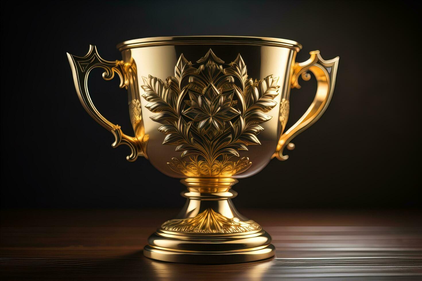 dourado troféu copo em de madeira mesa. prêmio conceito. ai generativo foto