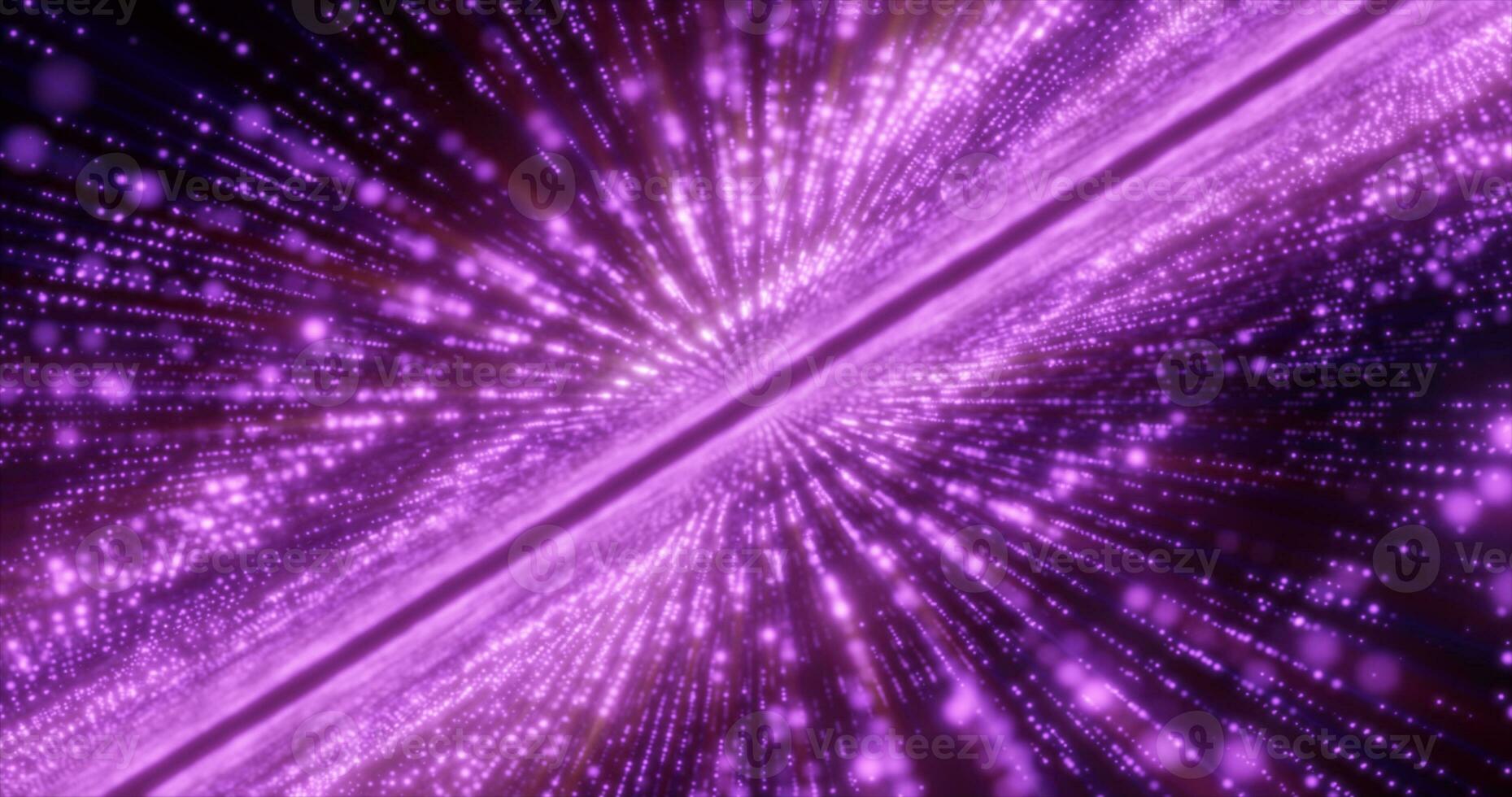 abstrato roxa energia oi-tech linhas e digital partículas mosca dentro uma túnel com bokeh efeito brilhando fundo foto