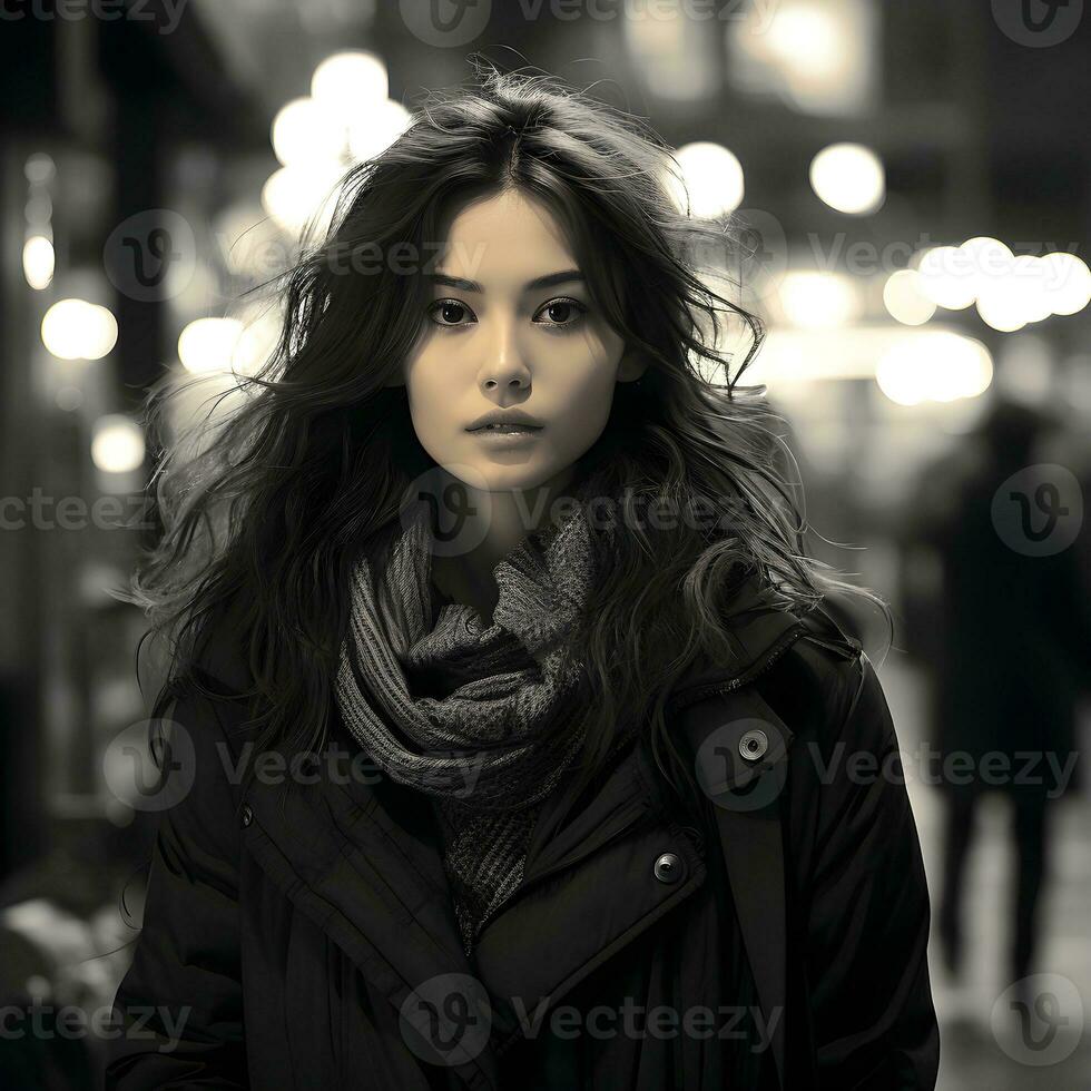 foto retrato do uma japonês moderno mulher dentro Preto e branco estilo. ásia lindo garota, senhora. minimalista simples conceito.