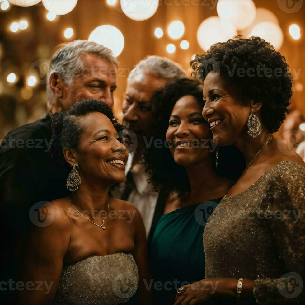 grupo do feliz meio envelhecido velho mulher às a noite festa, generativo ai foto
