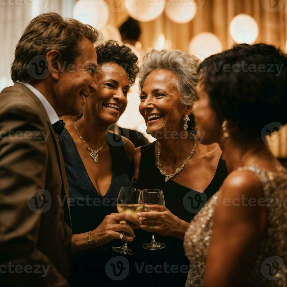 grupo do feliz meio envelhecido velho mulher às a noite festa, generativo ai foto