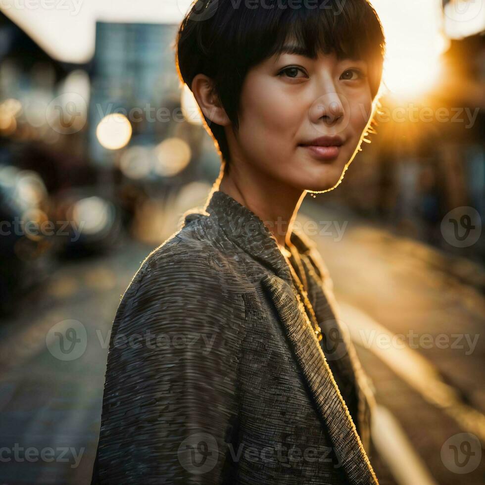 foto do lindo japonês ásia mulher com curto cabelo, generativo ai