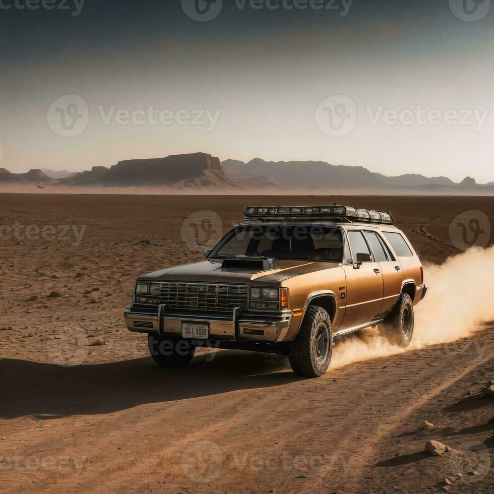 foto do caminhão dentro quente areia deserto, generativo ai