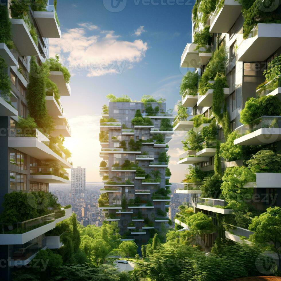 sustentável verde construção dentro moderno cidade. verde arquitetura. ecológico prédio. sustentável residencial construção com vertical jardim reduzir co2. apartamento com verde ambiente. generativo ai. foto