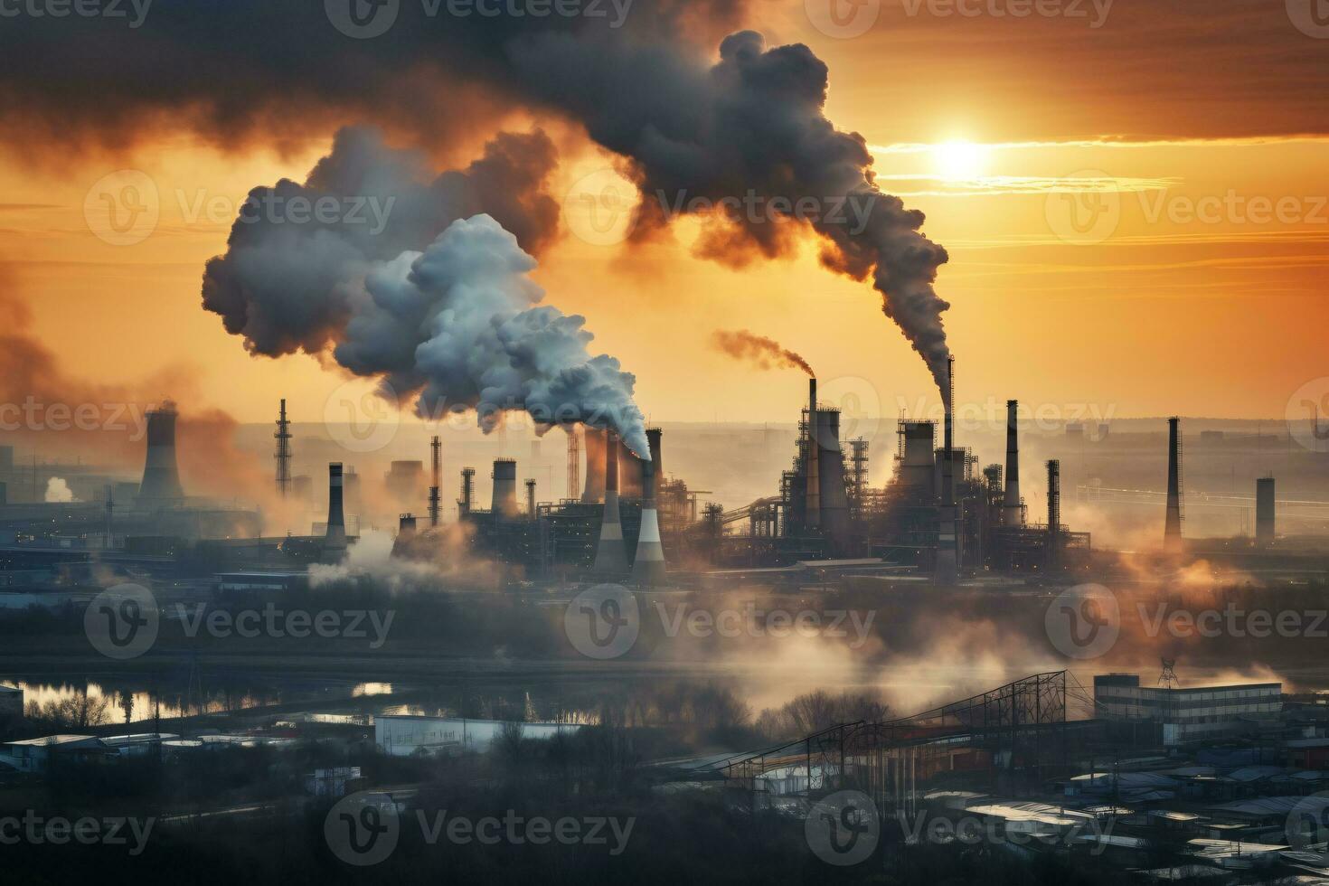 industrial fábrica alta chaminés liberado esfumaçado emissões a partir de fumaça tubos. co2 estufa gás, deteriorando ar qualidade, ar poluição, e clima mudar. carbono dióxido gás. generativo ai. foto