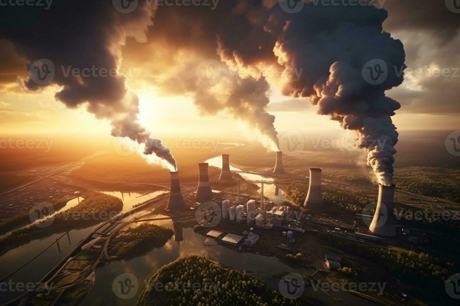 industrial fábrica alta chaminés liberado esfumaçado emissões a partir de fumaça tubos. co2 estufa gás, deteriorando ar qualidade, ar poluição, e clima mudar. carbono dióxido gás. generativo ai foto