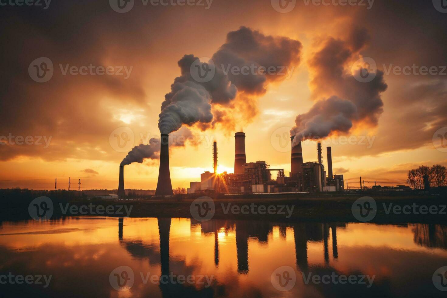 industrial fábrica alta chaminés liberado esfumaçado emissões a partir de fumaça tubos. co2 estufa gás, deteriorando ar qualidade, ar poluição, e clima mudar. carbono dióxido gás. generativo ai. foto