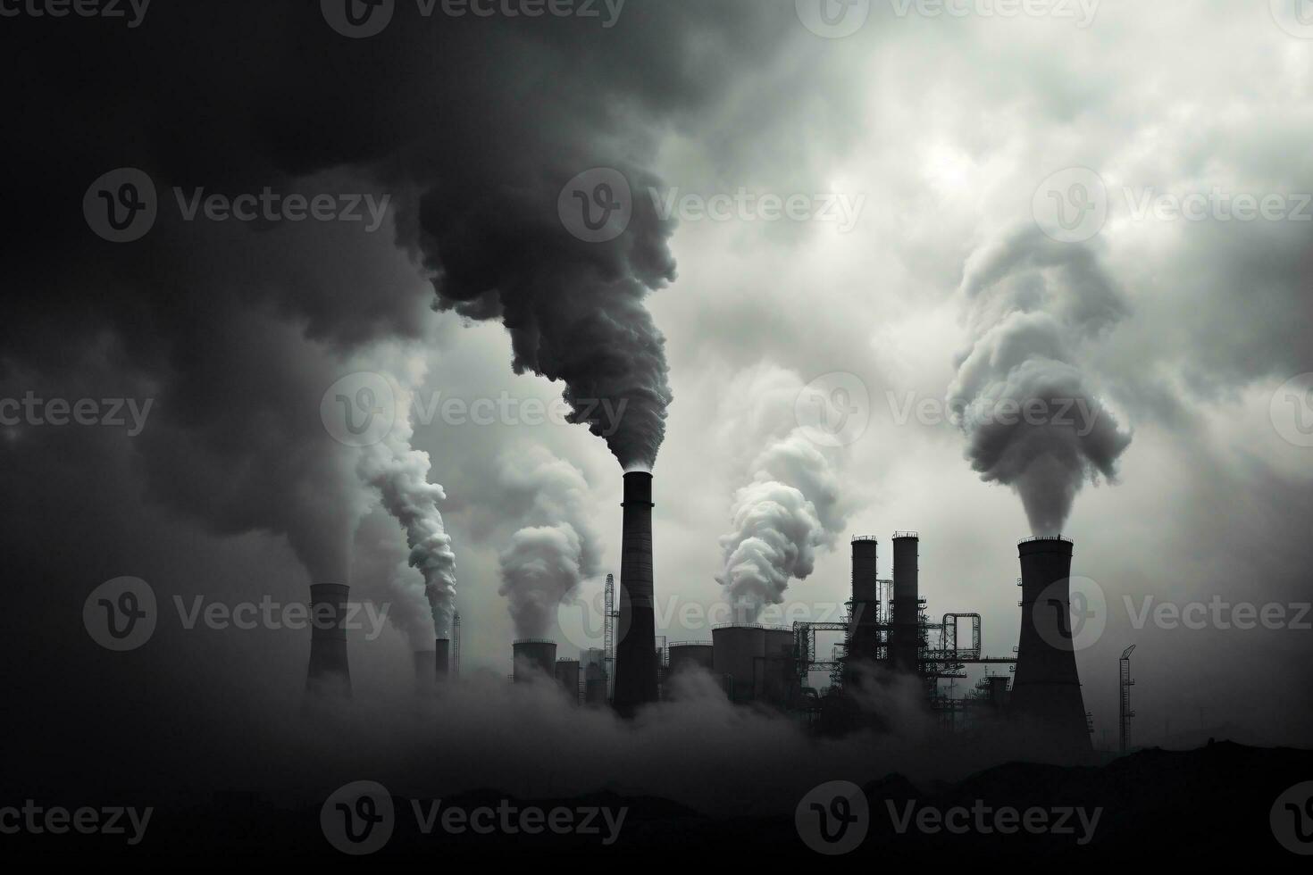 industrial fábrica alta chaminés liberado esfumaçado emissões a partir de fumaça tubos. co2 estufa gás, deteriorando ar qualidade, ar poluição, e clima mudar. carbono dióxido gás. generativo ai. foto