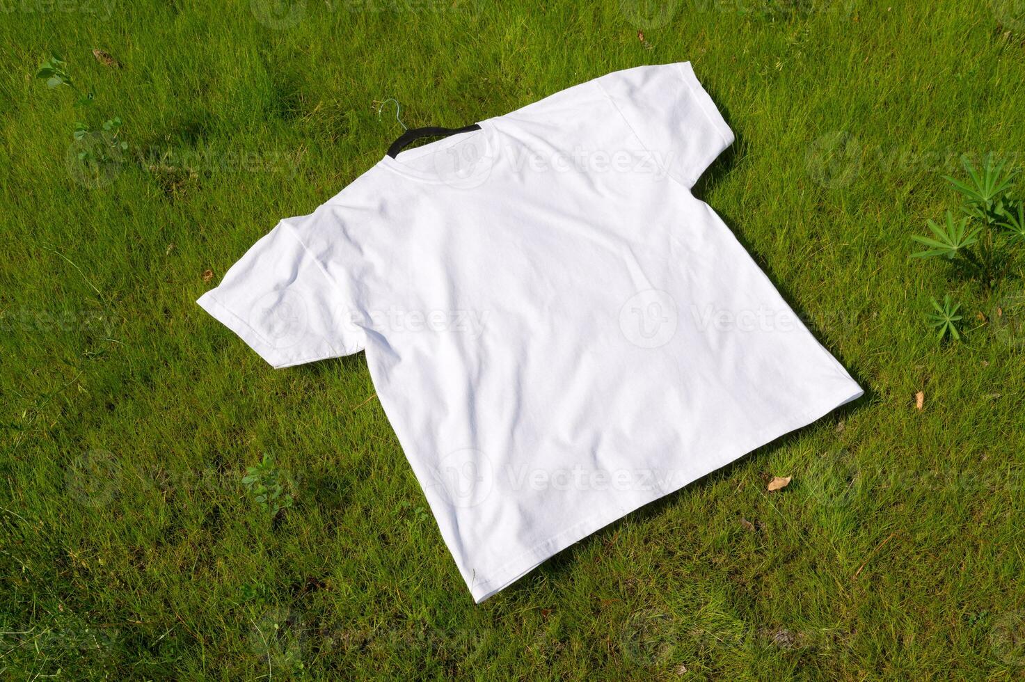 uma branco camiseta é deitado em a Relva foto