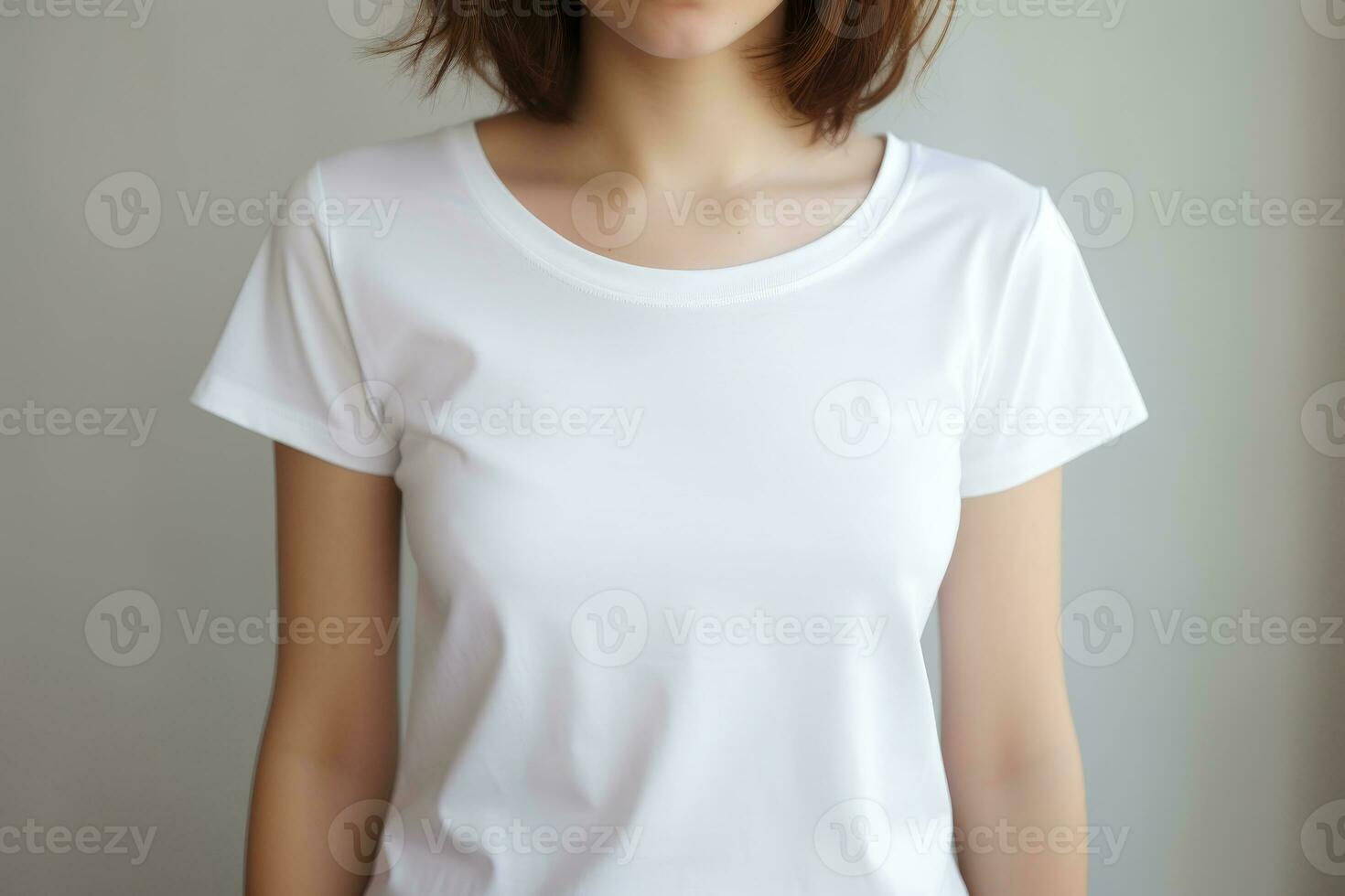 uma menina dentro uma branco camiseta, uma Lugar, colocar para texto. ai gerado foto