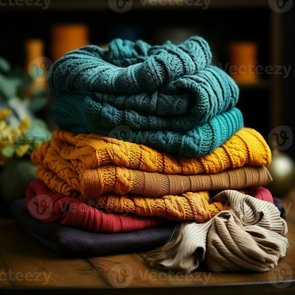 aderência do tricotado texturizado roupas em mesa.colorida inverno roupas quentes vestuário.heap do malhas. Alto suéter, boné mão tricotado montanha esperando para estar lavado lã meias guardada algodão foto