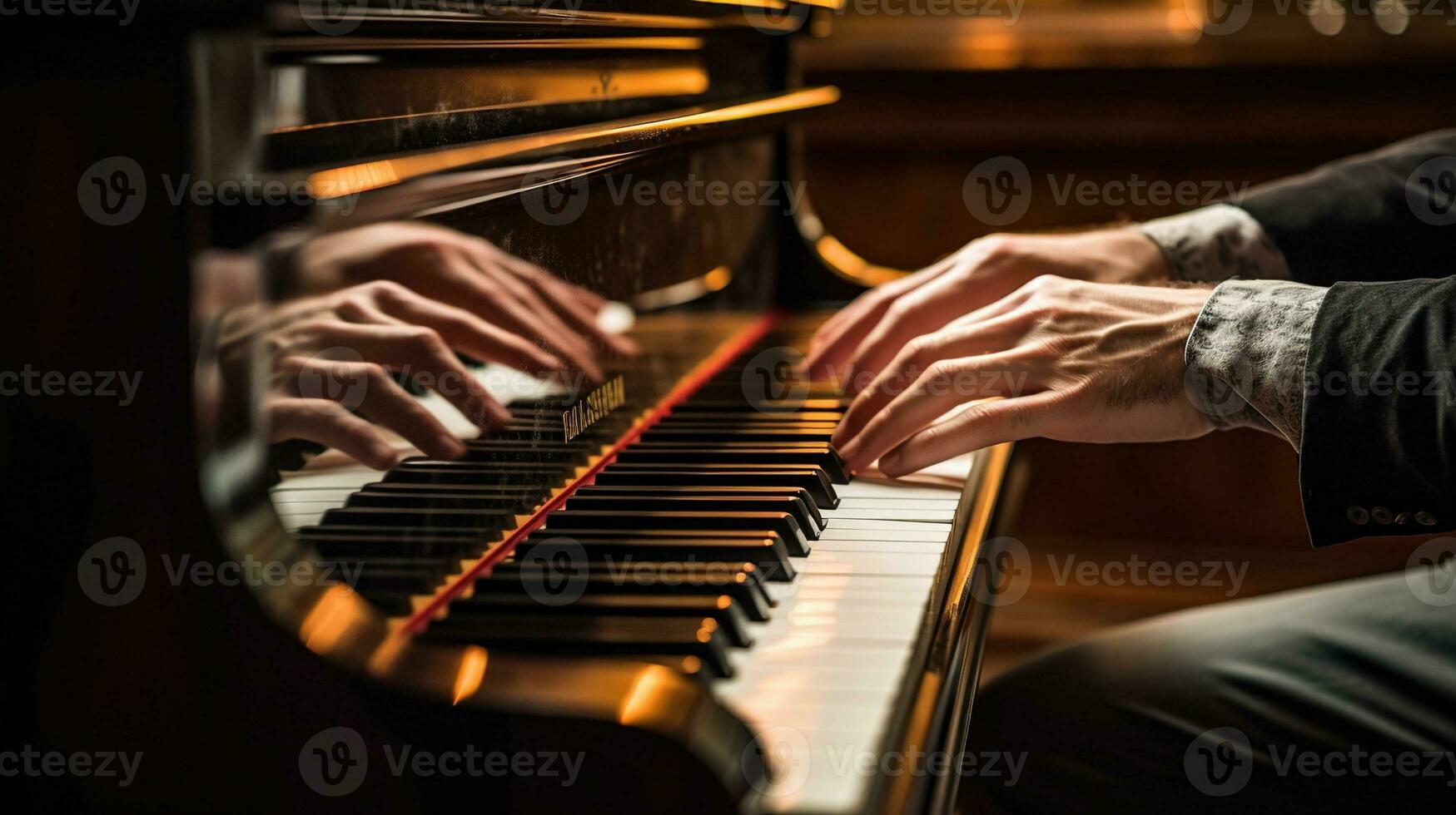 masculino mão jogando a piano. músico jogando piano dentro a Sombrio quarto generativo ai, ai gerado foto