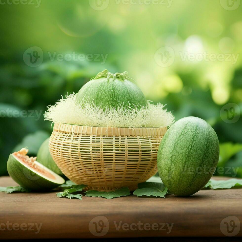 verde coroa almíscar Melão em borrado vegetação fundo, Cantalupo coroa Melão fruta dentro bambu esteira em de madeira mesa dentro jardim generativo ai foto