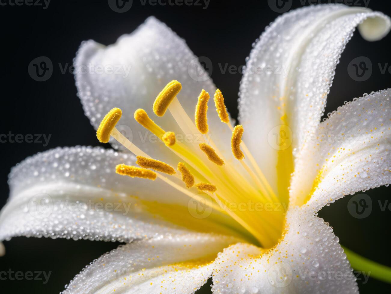 intrincado beleza - uma macro tiro do uma branco lírio com uma vibrante amarelo estame - ai gerado foto