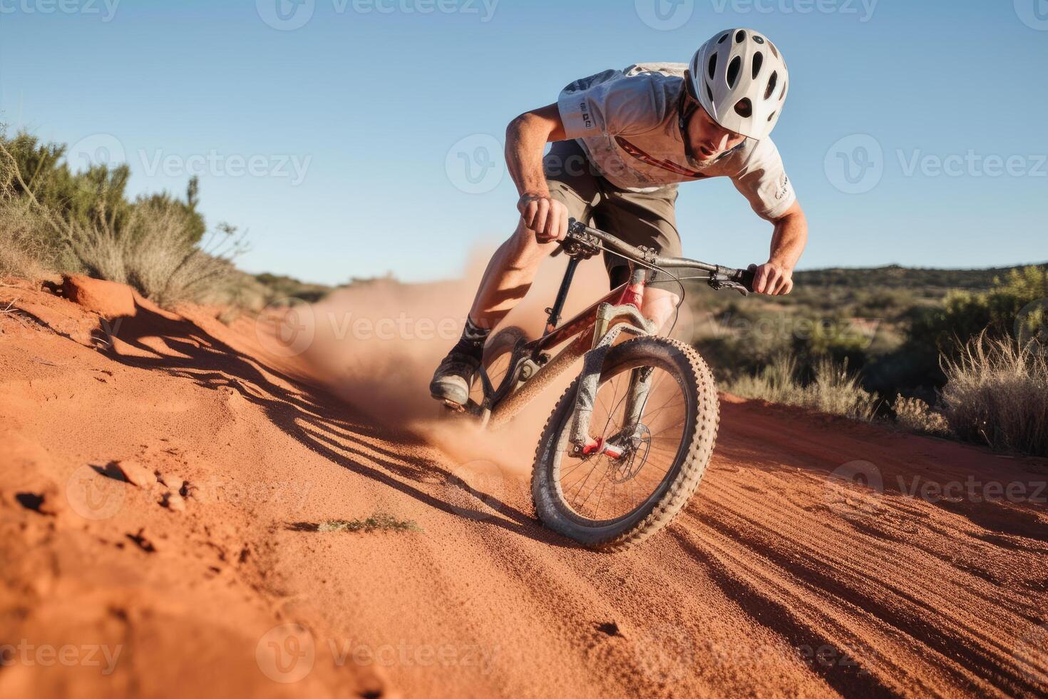 bmx cavaleiro chutando acima sujeira em trilha - fechar-se açao tiro do cheio de adrenalina truque em sujeira trilha - ai gerado foto