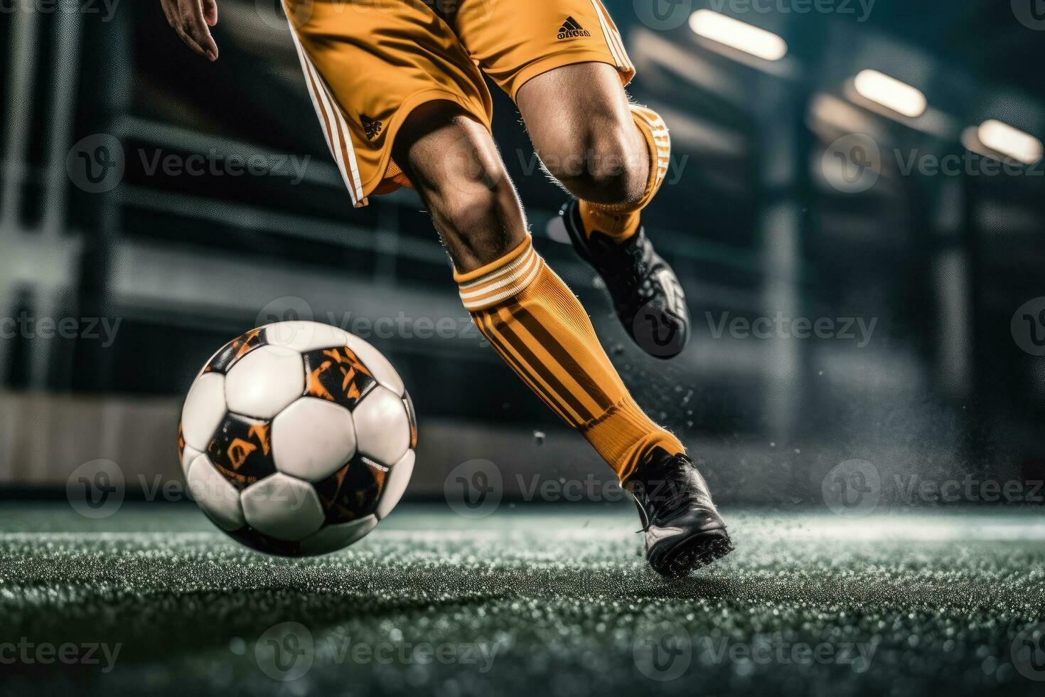 intenso foco - futebol jogador chutando bola dentro fechar-se açao tiro em futebol campo com movimento borrão e Alto contraste - Esportes, concorrência, intensidade. - ai gerado foto