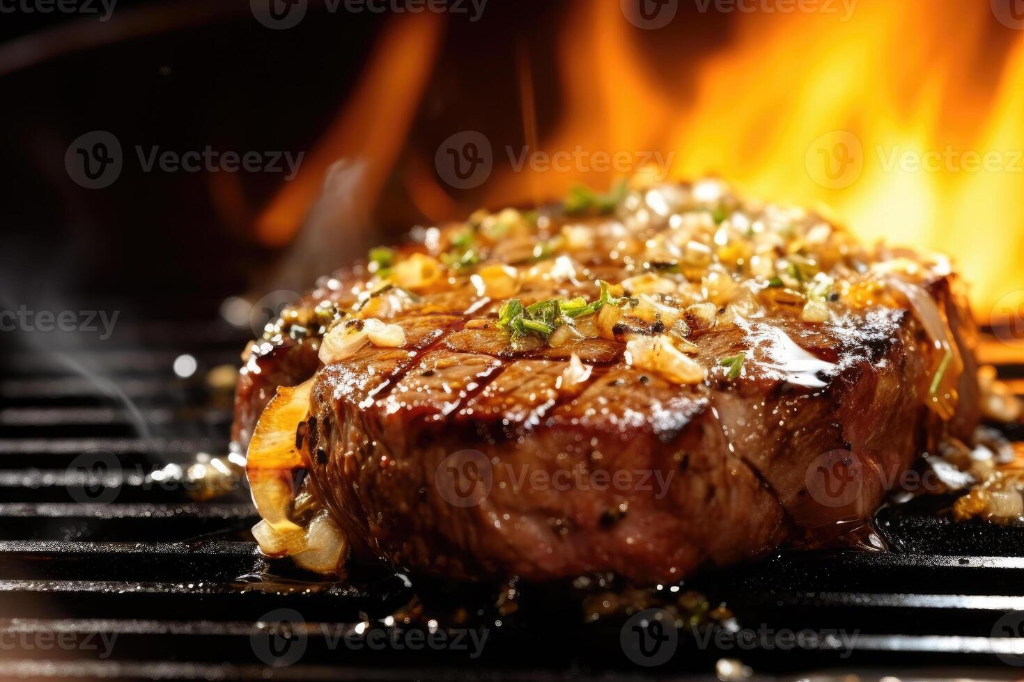 chiando carne bife em quente fogão - fechar-se Comida tiro com apetitoso aroma e sucos borbulhante dentro cozinha - culinária, apetite, fechar-se. - ai gerado foto