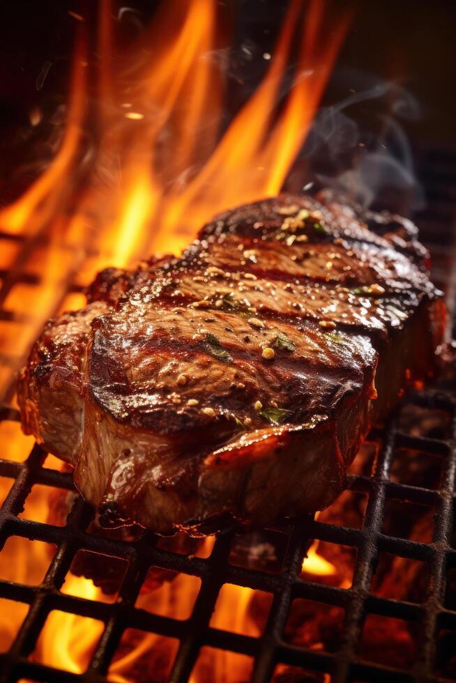 uma carne bife é ser cozinhou em uma grade com fogo chamas ai generativo foto