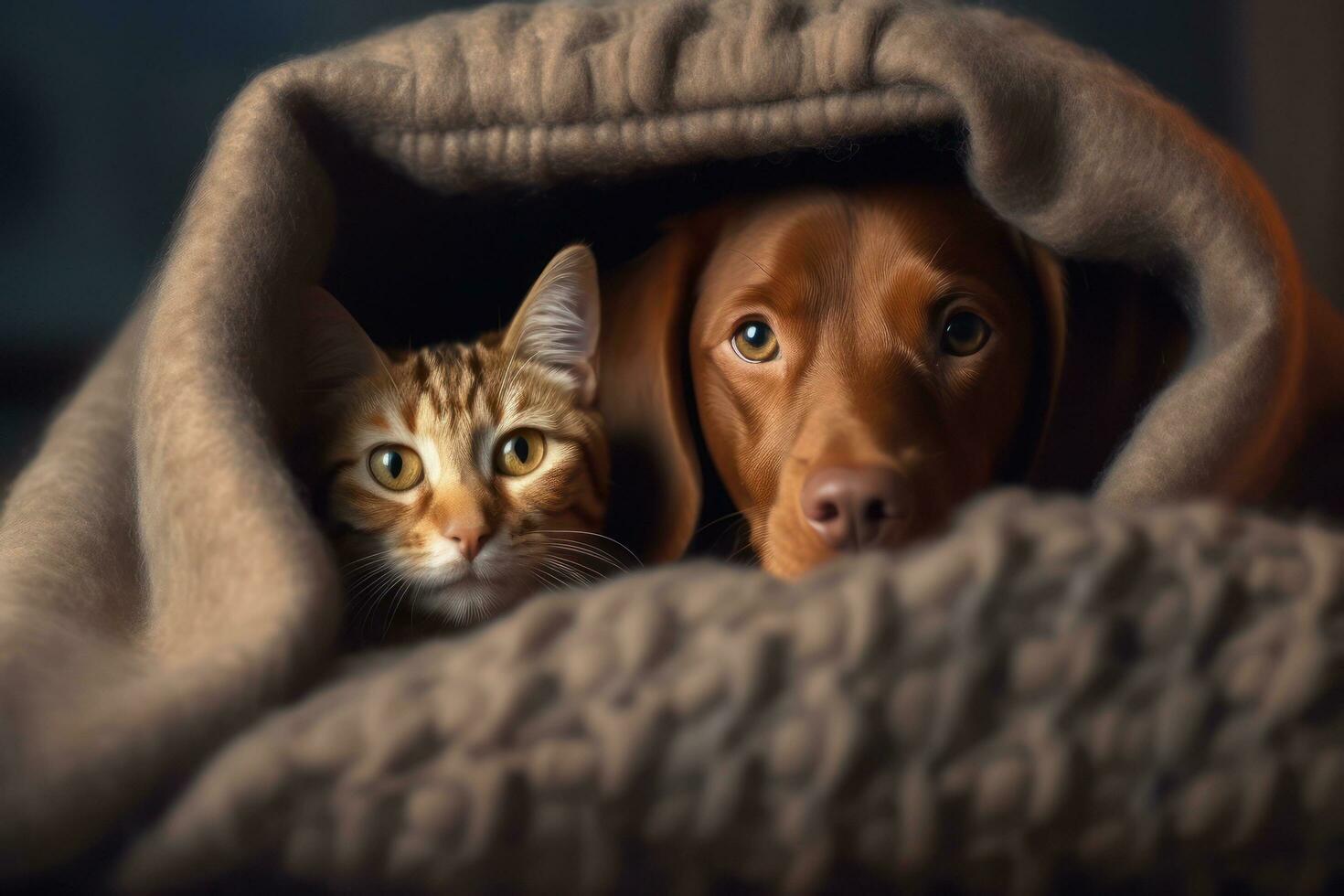 uma cachorro e gato debaixo uma cobertor ai gerado foto