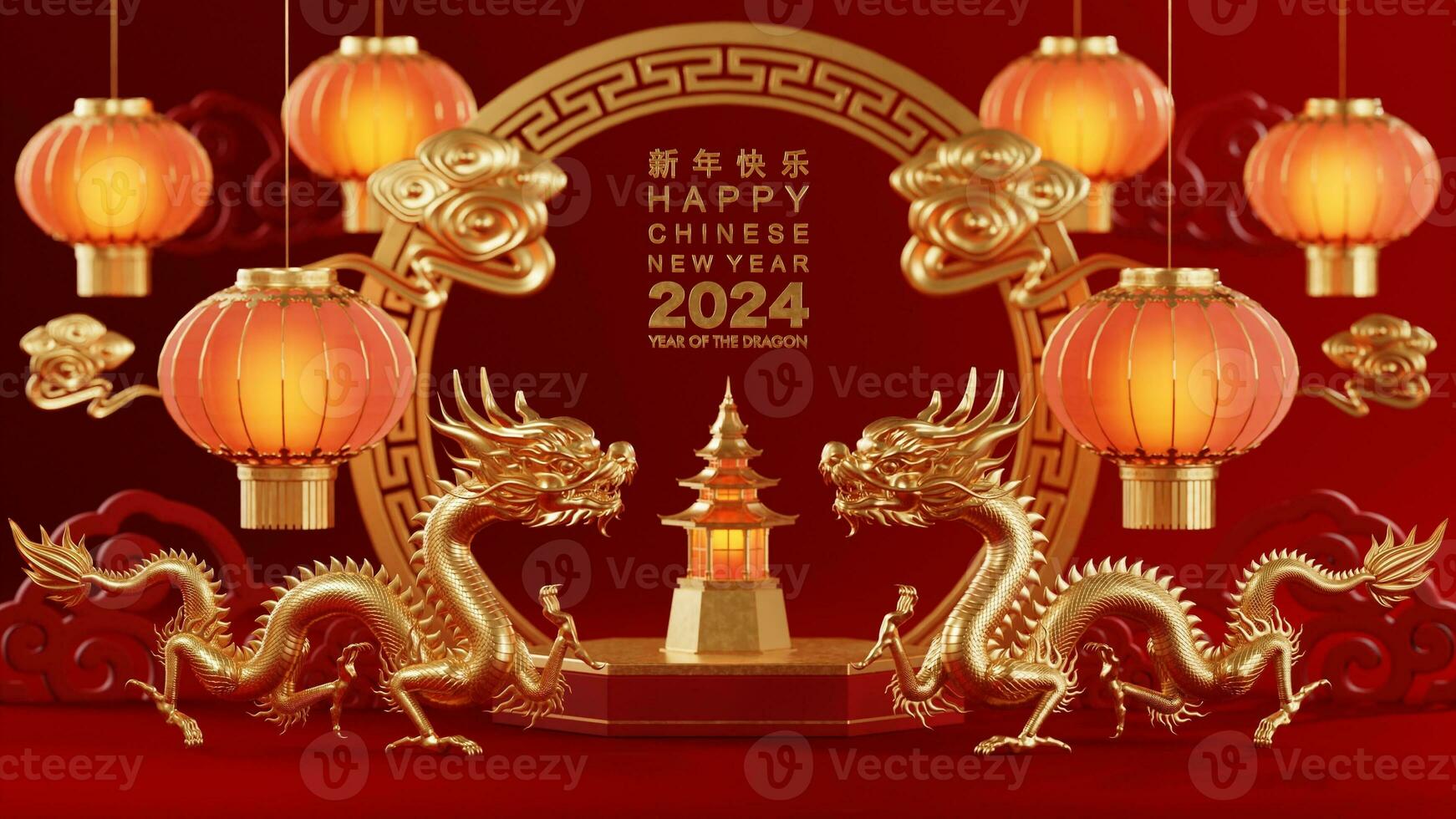 3d Renderização ilustração para feliz chinês Novo ano 2024 a Dragão zodíaco placa com flor, lanterna, ásia elementos, vermelho e ouro em fundo. foto