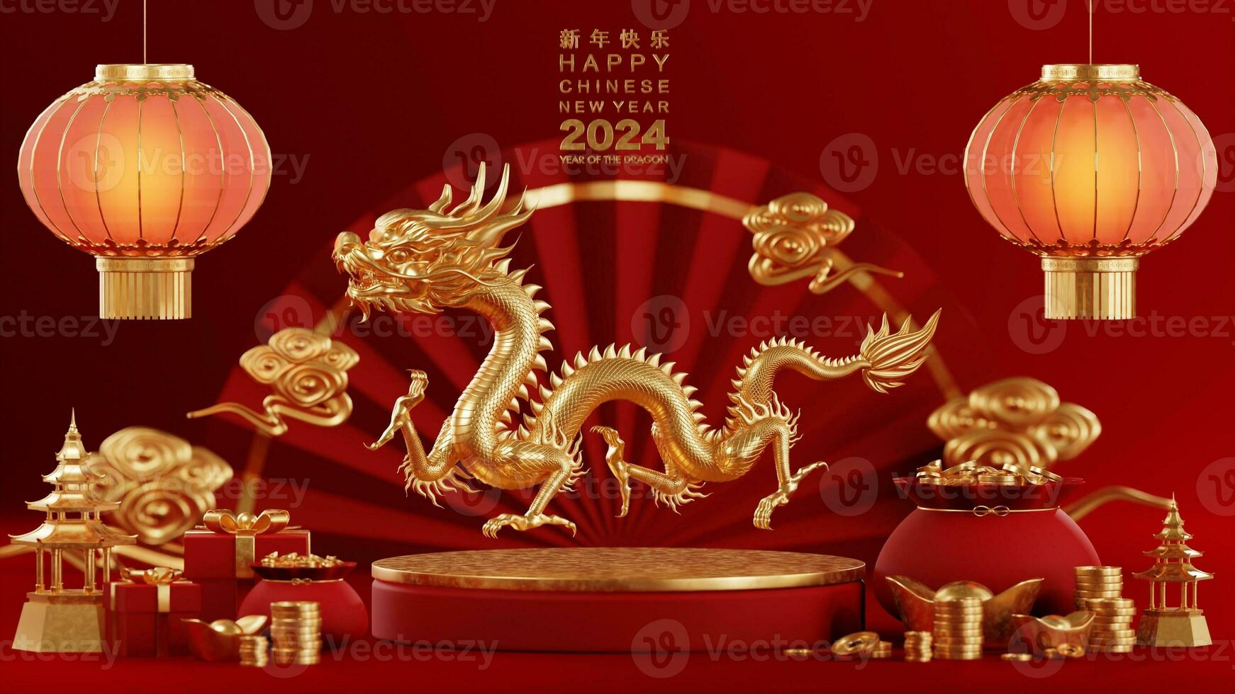 3d Renderização ilustração para feliz chinês Novo ano 2024 a Dragão zodíaco placa com flor, lanterna, ásia elementos, vermelho e ouro em fundo. foto