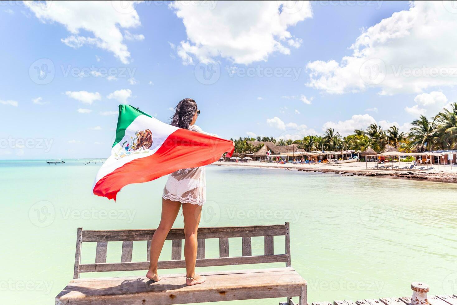 mulher carrinhos em uma de madeira Banco segurando mexicano bandeira olhando para beira-mar com praia, Palmeiras e casas foto