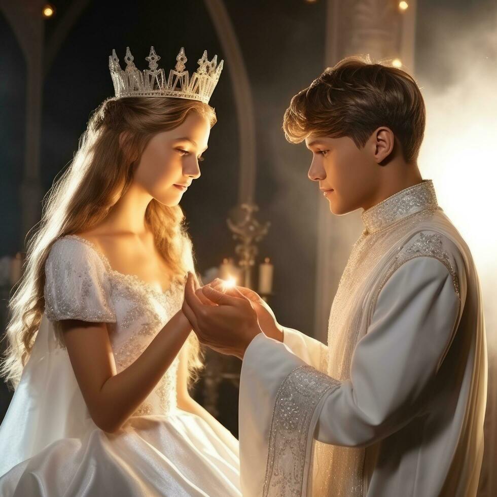 uma Principe dentro uma branco terno coloca uma cristal coroa em a cabeça do uma Princesa dentro uma branco vestir foto
