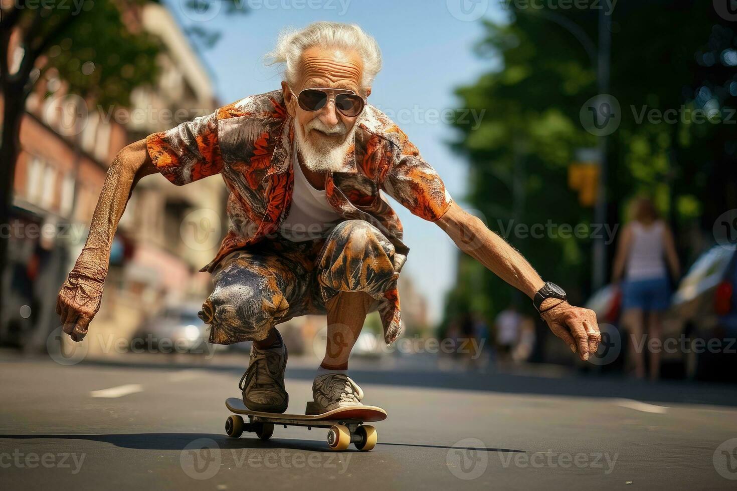 Senior homem equitação uma skate - ai generativo foto