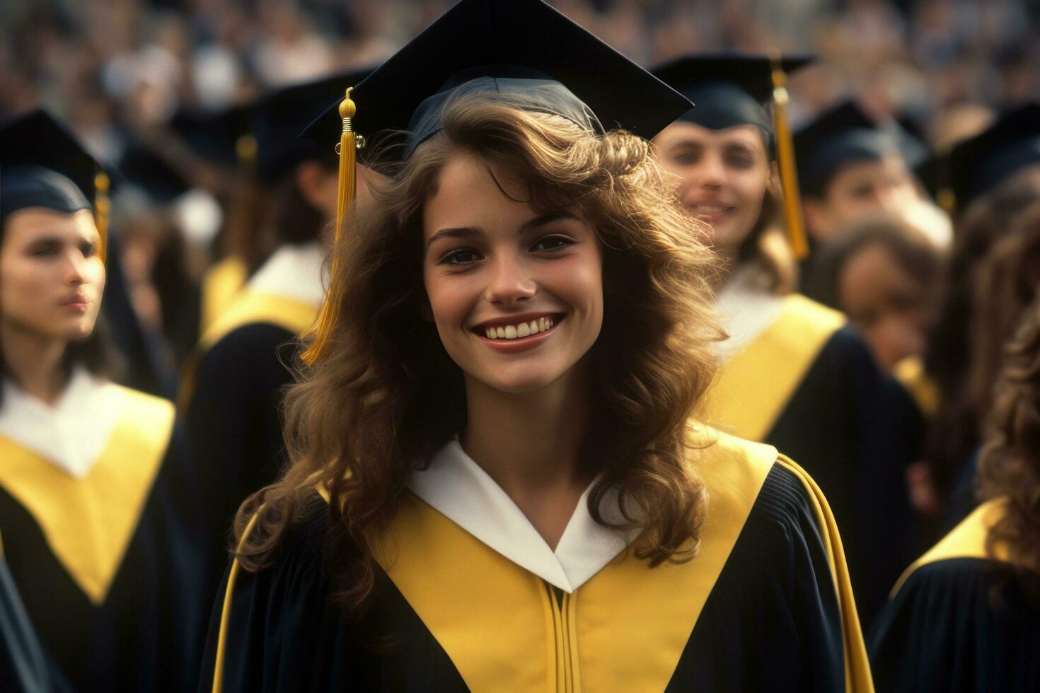 sorridente jovem mulher dentro graduação vestidos foto