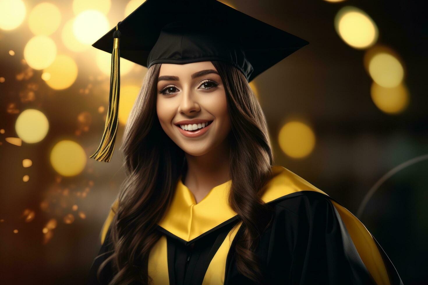 sorridente jovem mulher dentro graduação vestidos foto