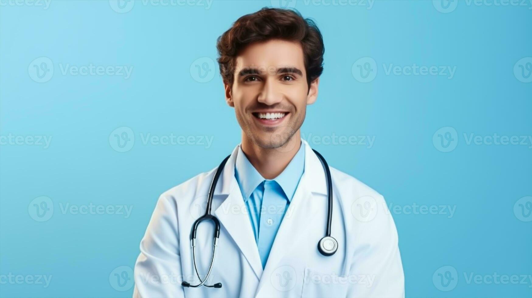 sorridente jovem masculino médico olhando às Câmera isolado em azul fundo foto