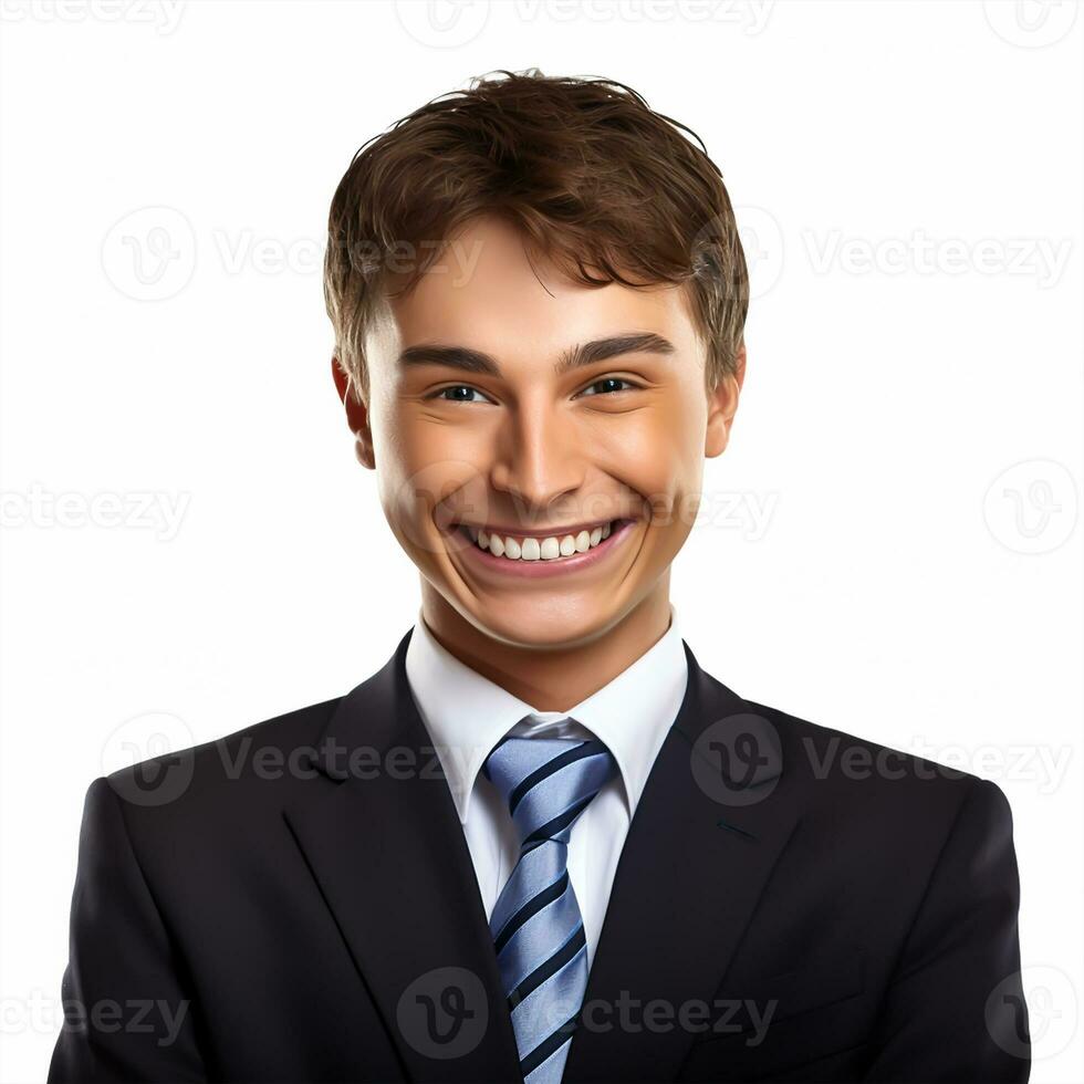 retrato do uma feliz jovem homem de negocios olhando às Câmera isolado em branco fundo foto