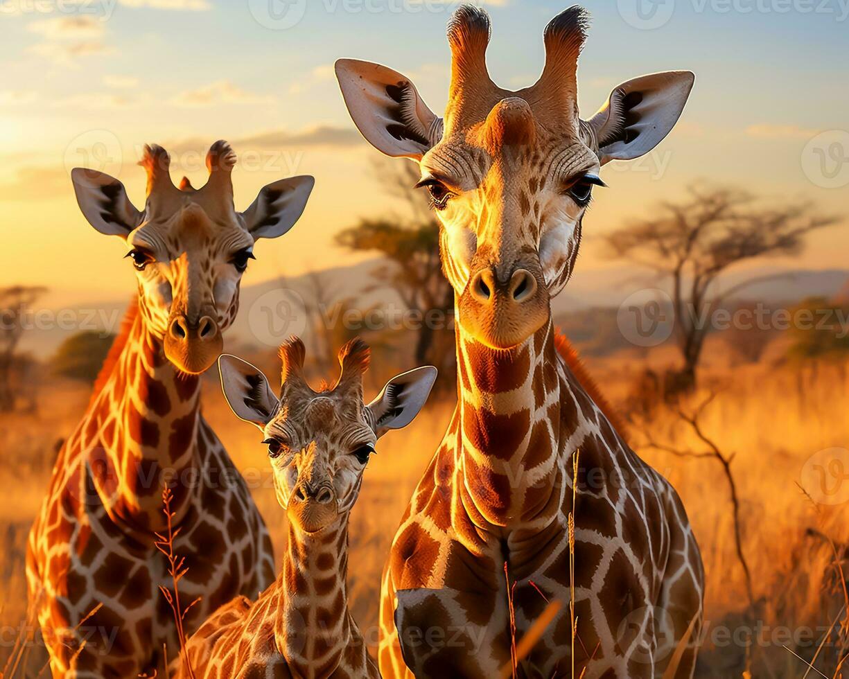 ai gerado. majestoso família do girafas roaming a savana. foto