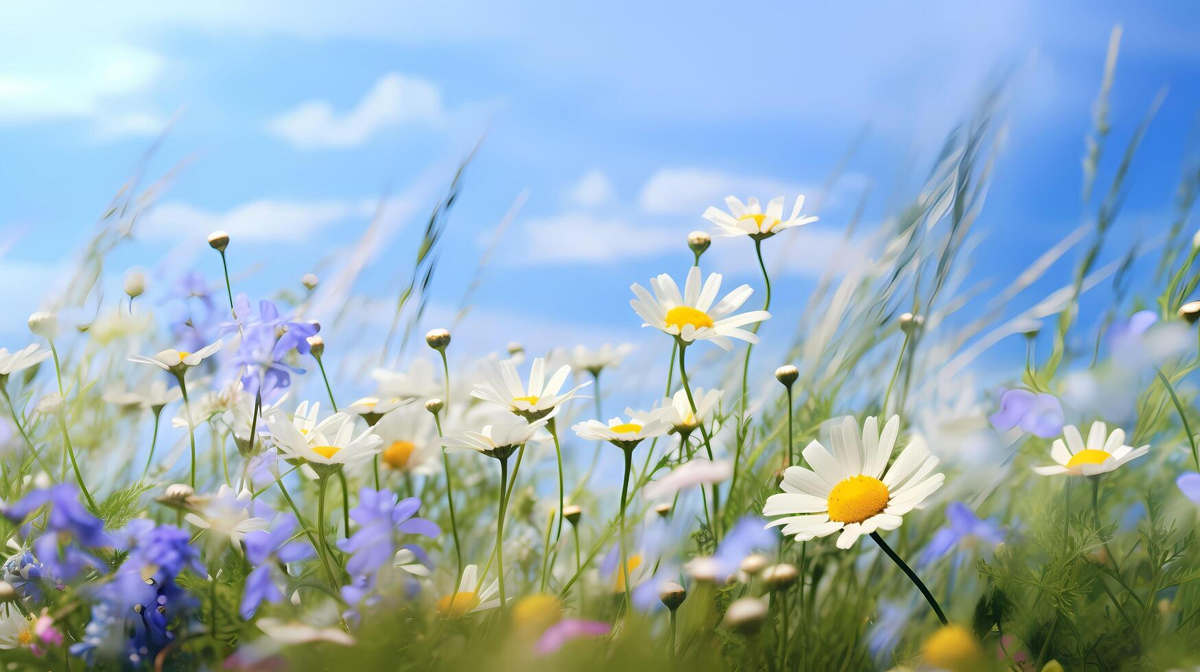 fechar-se lindo Prado dentro verão com selvagem flores camomila e azul céu fundo ai generativo foto
