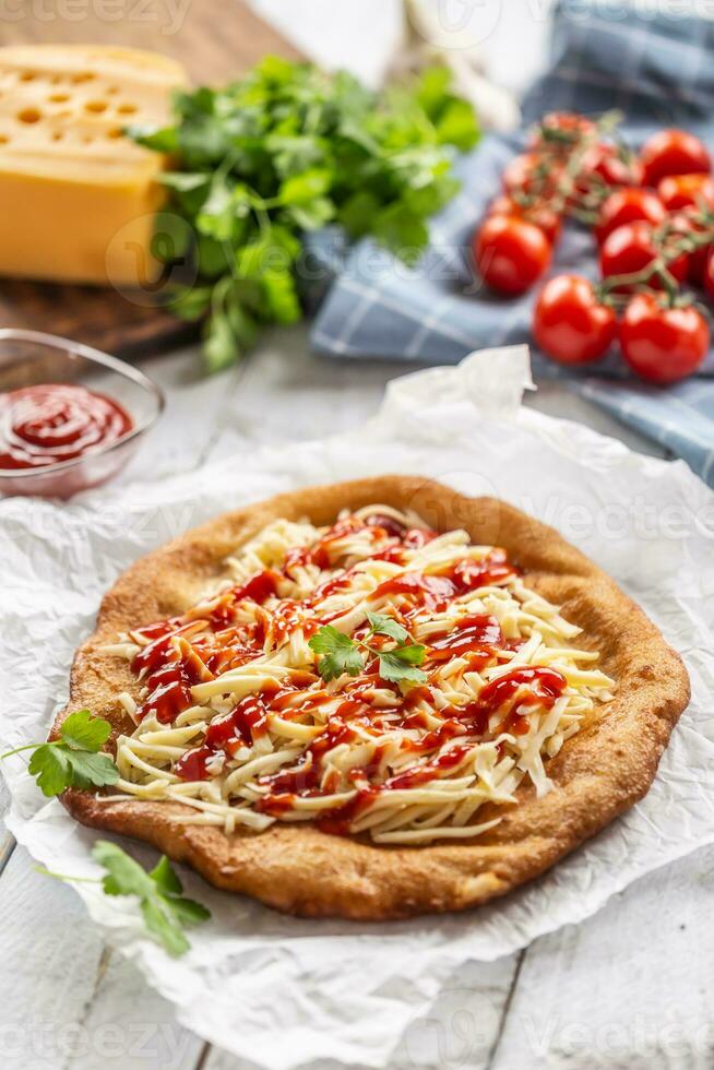 saboroso frito lagos servido em cozimento papel com uma muitos do Grato queijo, ketchup e fresco ervas foto