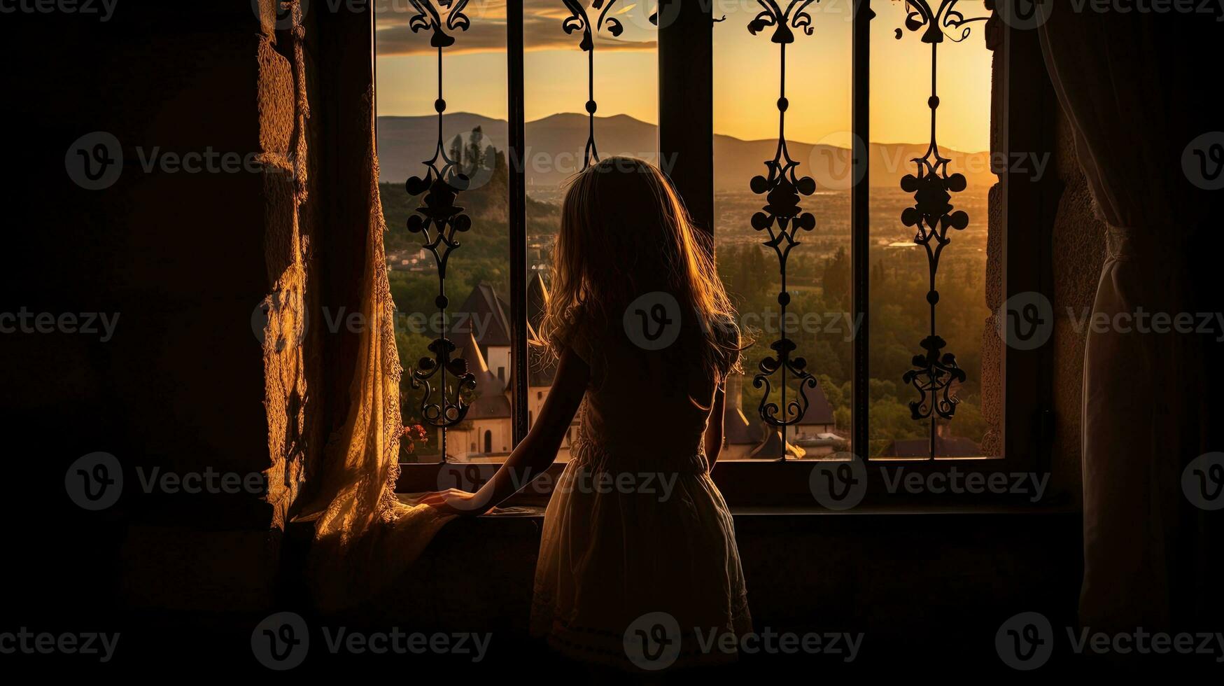 húngaro castelo s janela abertura com menina dentro mukachevo. silhueta conceito foto