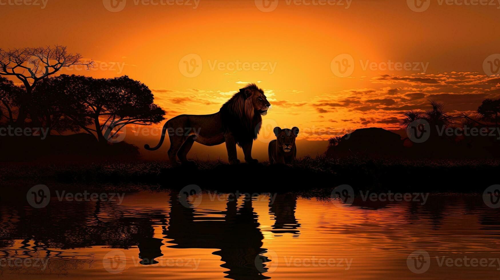 leões silhueta refletido dentro água durante africano safári foto