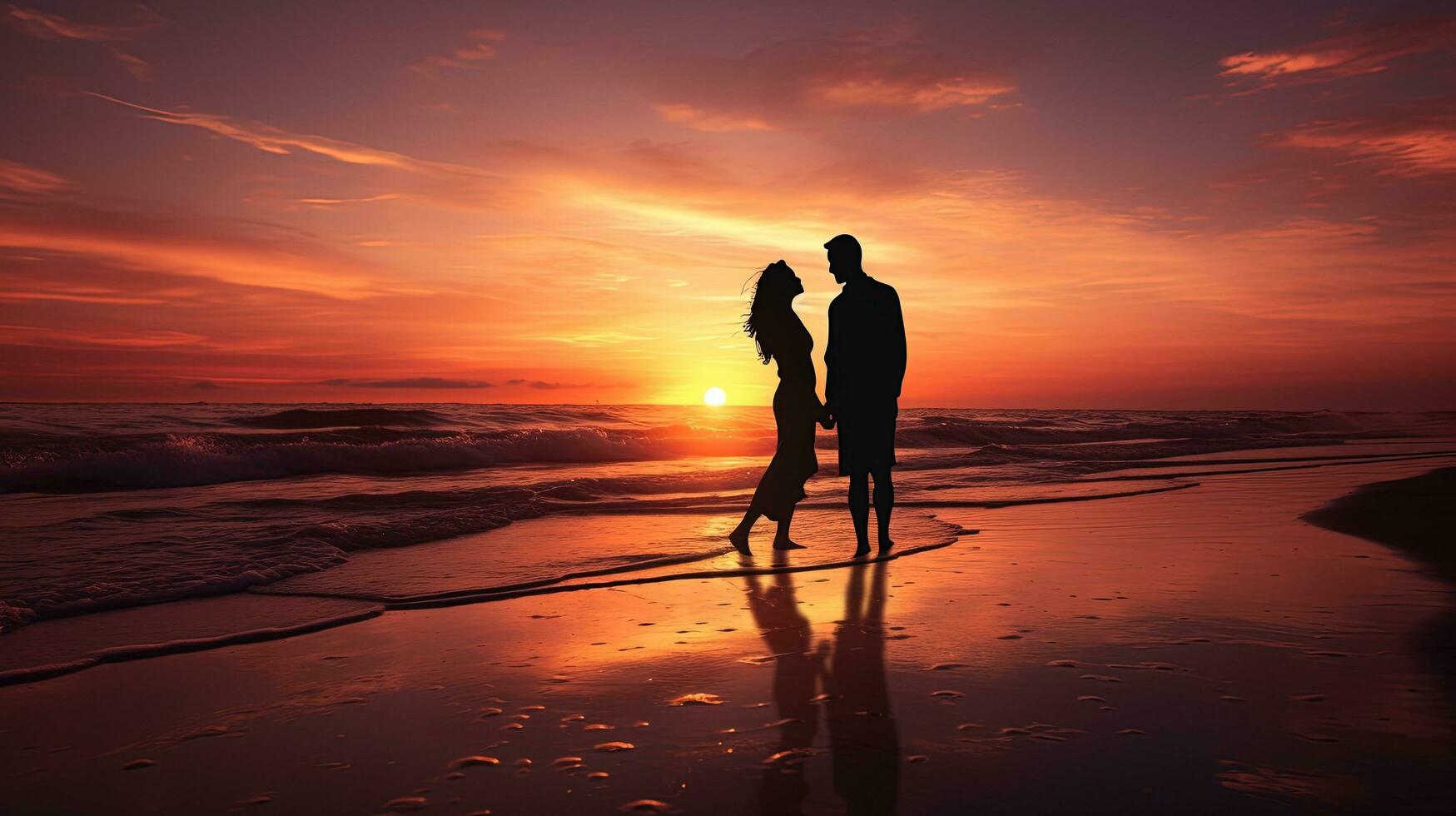 de praia pôr do sol silhueta do uma casal foto