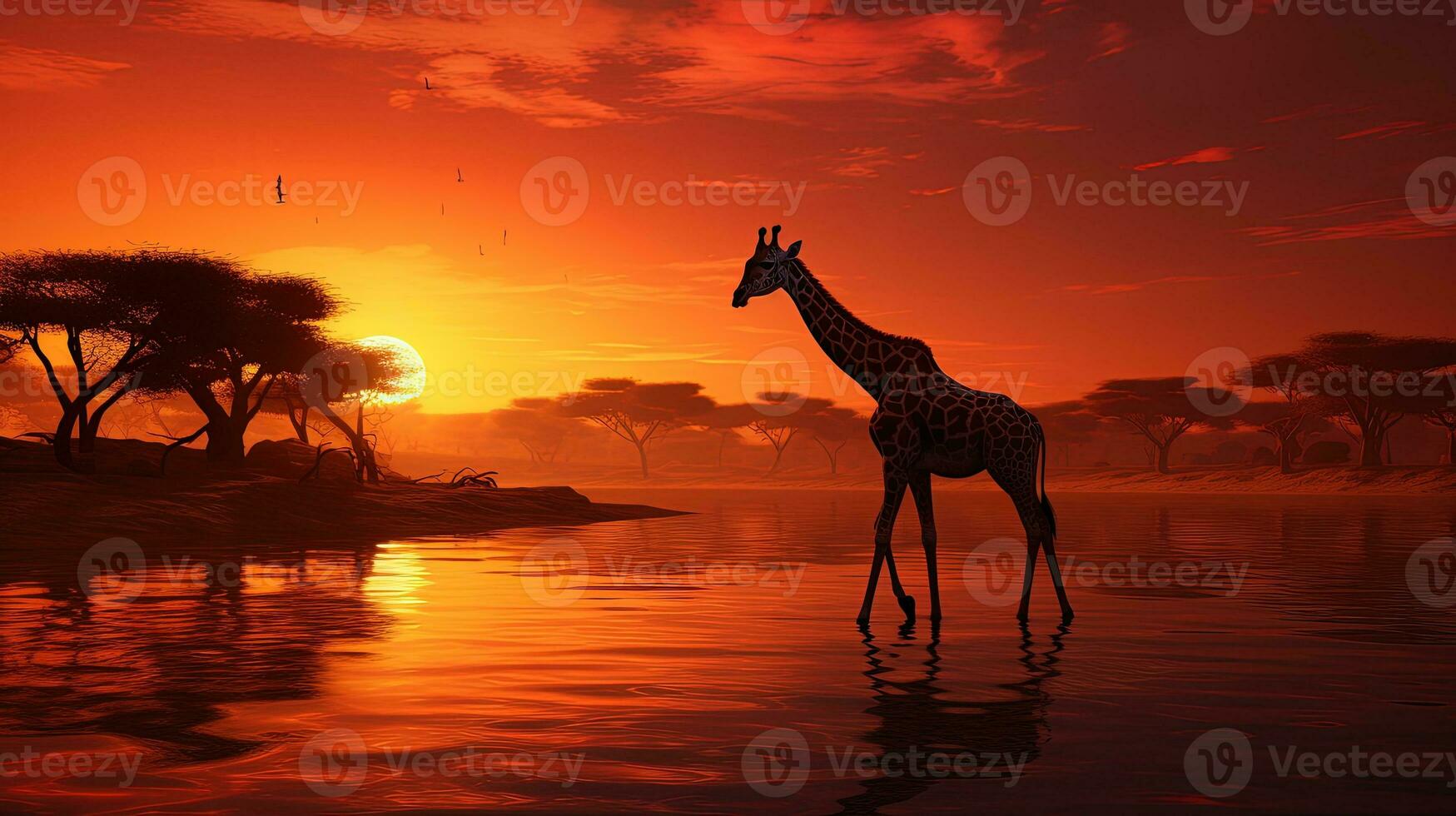 pacífico africano pôr do sol com girafas. silhueta conceito foto