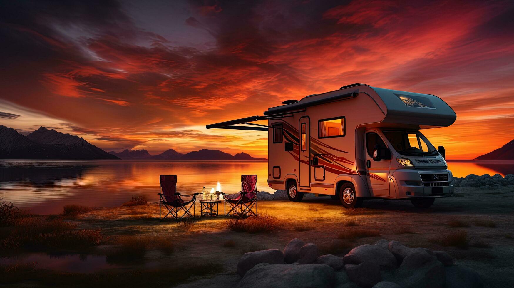 pôr do sol sobre motorhome dentro uma acampamento rv. silhueta conceito foto