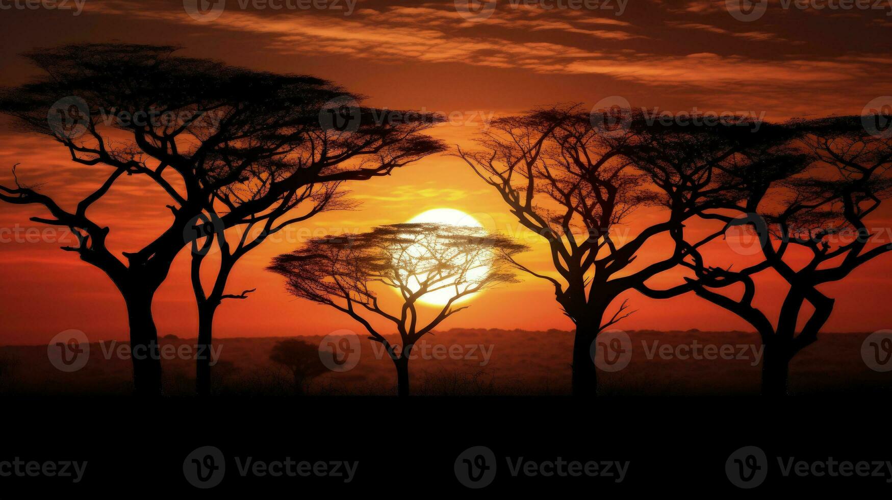 pôr do sol às uma sul africano natureza reserva fundição árvore silhuetas foto