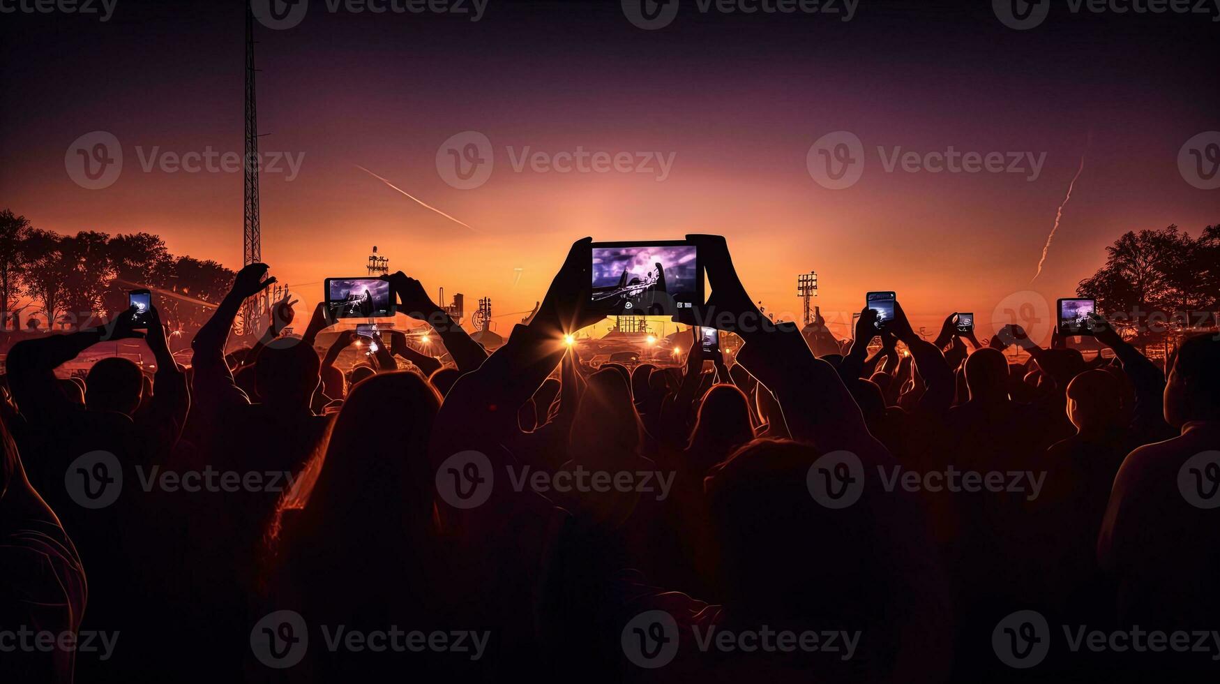 público usando smartphones para capturar fotos às uma viver show. silhueta conceito